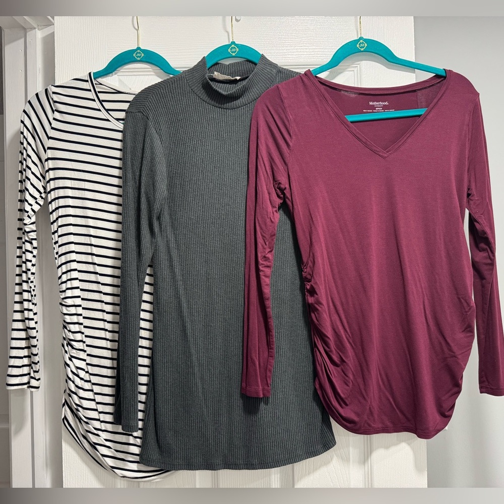 Black Striped, Gray, and Burgundy Long Sleeve Maternity Tops Bundle